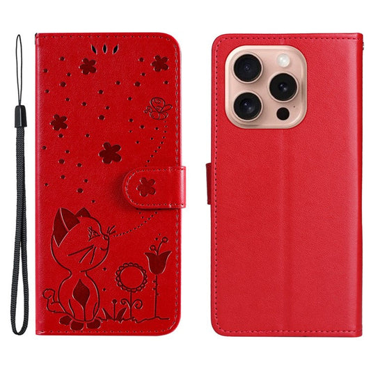 KT Imprinting Flower Series-4 For iPhone 16 Pro Case PU Leather Cat Bee Pattern Phone Cover - Red