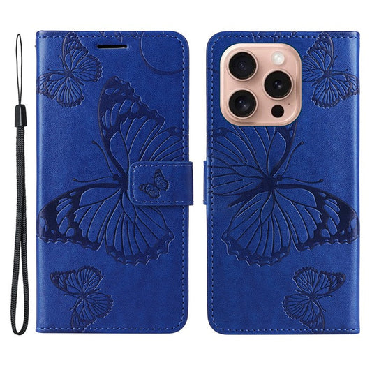 KT Imprinting Flower Series-2 For iPhone 16 Pro Wallet Case Protective Leather Flip Cover - Blue