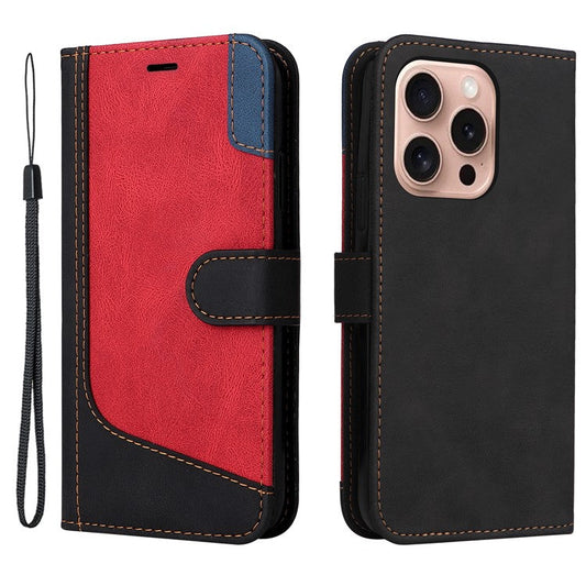For iPhone 16 Pro Phone Case Three-Color Splicing Card Holder Phone Stand Cover - Black