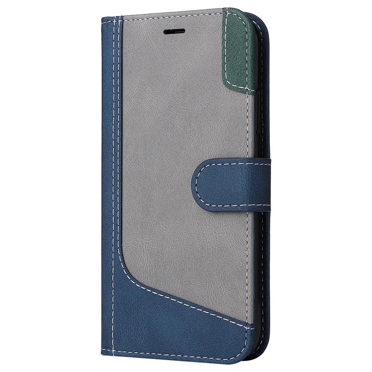 For iPhone 16 Pro Phone Case Three-Color Splicing Card Holder Phone Stand Cover - Blue