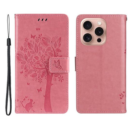 KT Imprinting Flower Series-3 For iPhone 16 Pro Case Cat Tree Leather Phone Cover Stand Flip - Pink