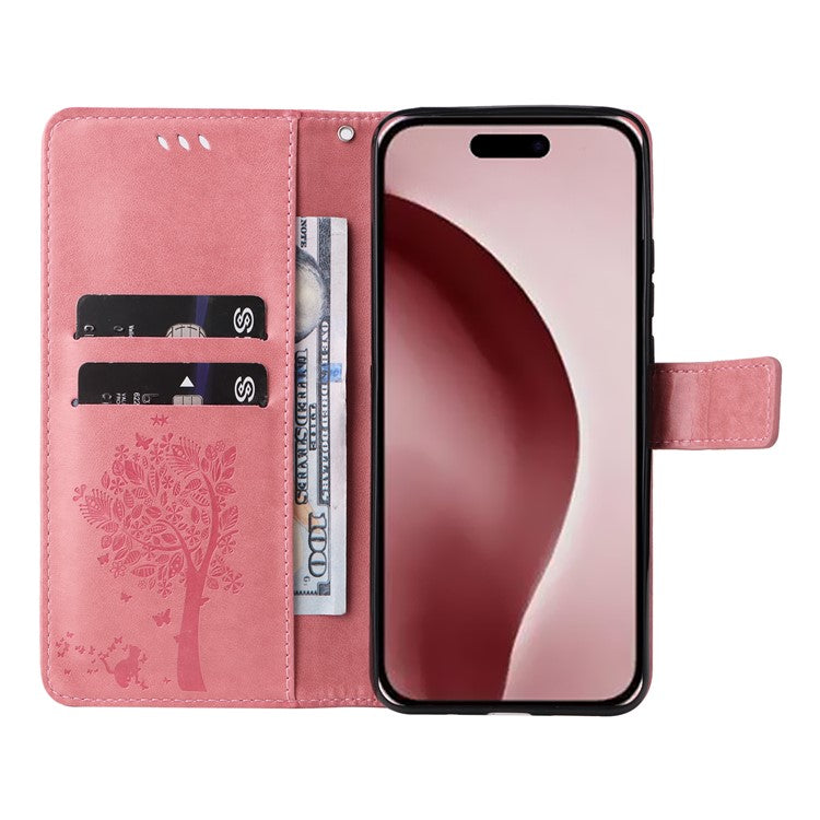 KT Imprinting Flower Series-3 For iPhone 16 Pro Case Cat Tree Leather Phone Cover Stand Flip - Pink