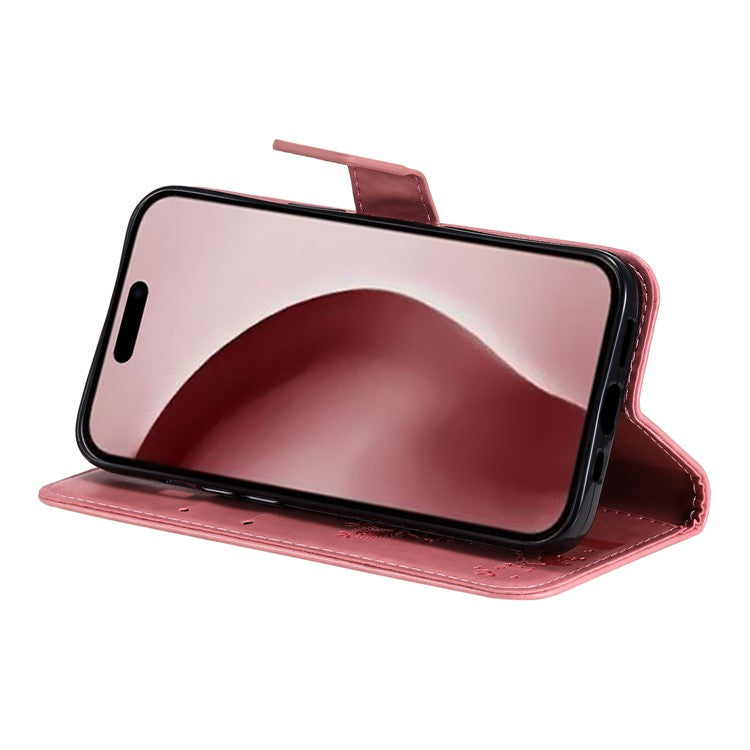 KT Imprinting Flower Series-3 For iPhone 16 Pro Case Cat Tree Leather Phone Cover Stand Flip - Pink