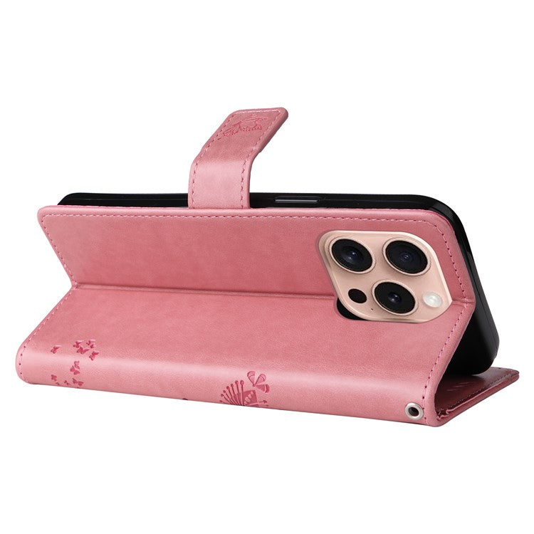 KT Imprinting Flower Series-3 For iPhone 16 Pro Case Cat Tree Leather Phone Cover Stand Flip - Pink
