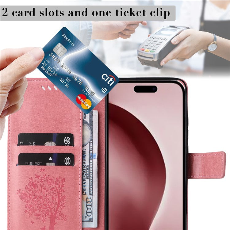 KT Imprinting Flower Series-3 For iPhone 16 Pro Case Cat Tree Leather Phone Cover Stand Flip - Pink