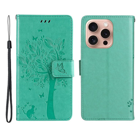 KT Imprinting Flower Series-3 For iPhone 16 Pro Case Cat Tree Leather Phone Cover Stand Flip - Green