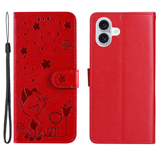 KT Imprinting Flower Series-4 For iPhone 16 Plus Case with Strap Cat Bee Pattern Leather Cover - Red