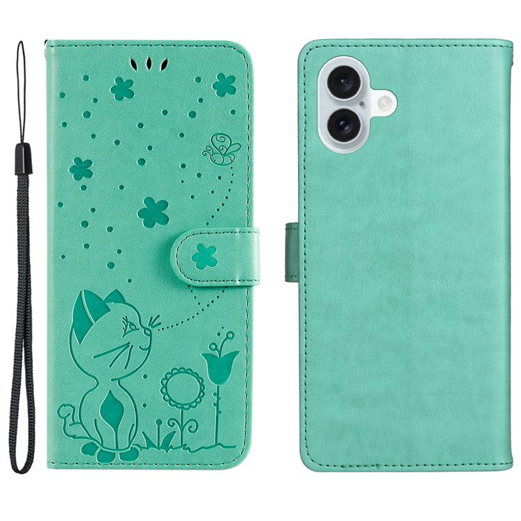 KT Imprinting Flower Series-4 For iPhone 16 Plus Case with Strap Cat Bee Pattern Leather Cover - Green