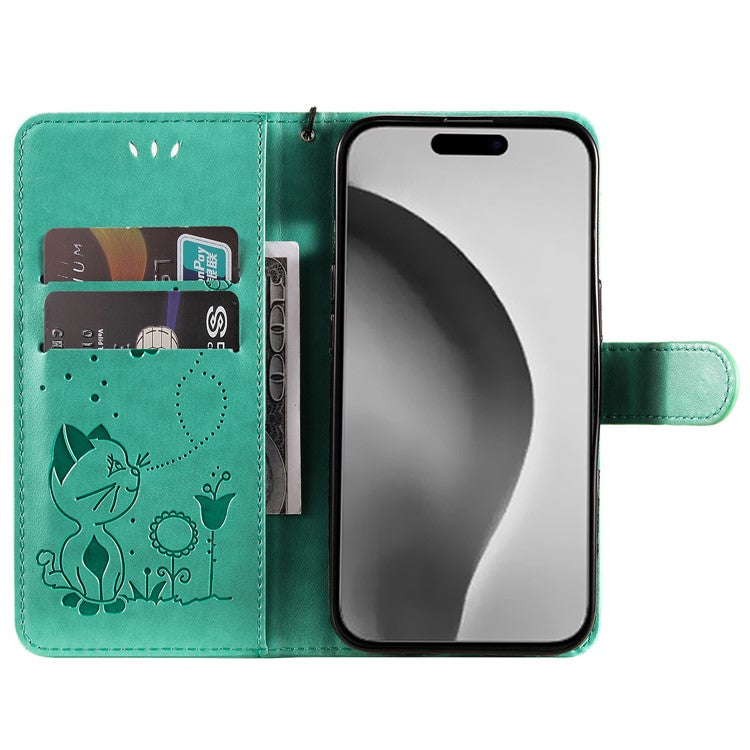 KT Imprinting Flower Series-4 For iPhone 16 Plus Case with Strap Cat Bee Pattern Leather Cover - Green