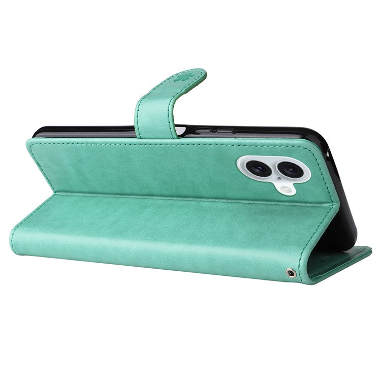 KT Imprinting Flower Series-4 For iPhone 16 Plus Case with Strap Cat Bee Pattern Leather Cover - Green