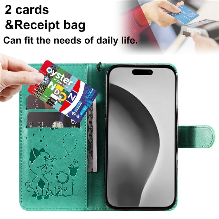 KT Imprinting Flower Series-4 For iPhone 16 Plus Case with Strap Cat Bee Pattern Leather Cover - Green