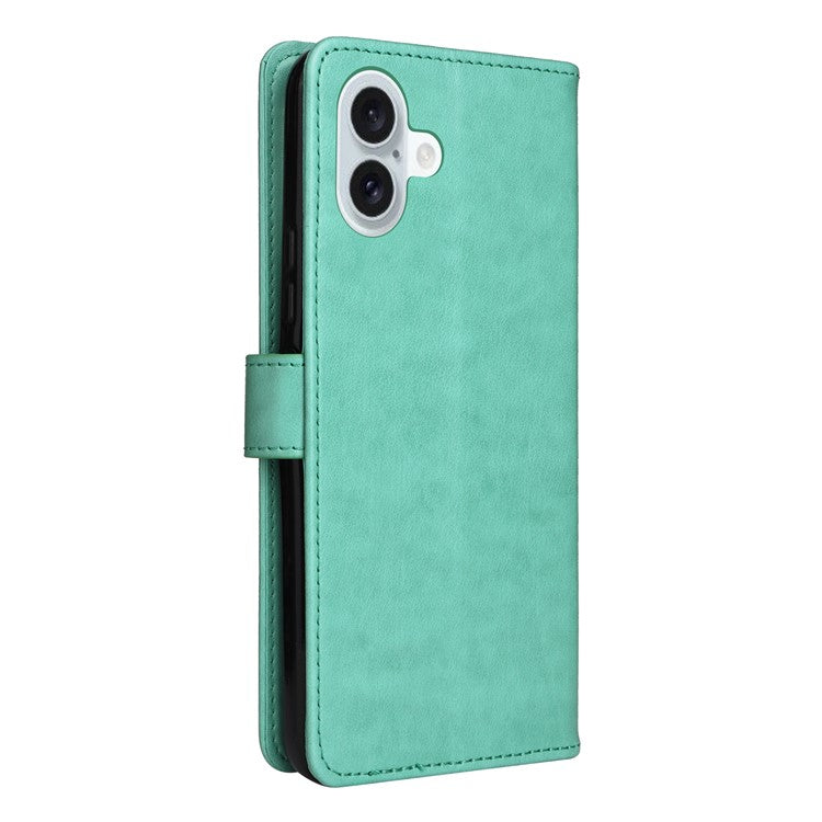 KT Imprinting Flower Series-4 For iPhone 16 Plus Case with Strap Cat Bee Pattern Leather Cover - Green