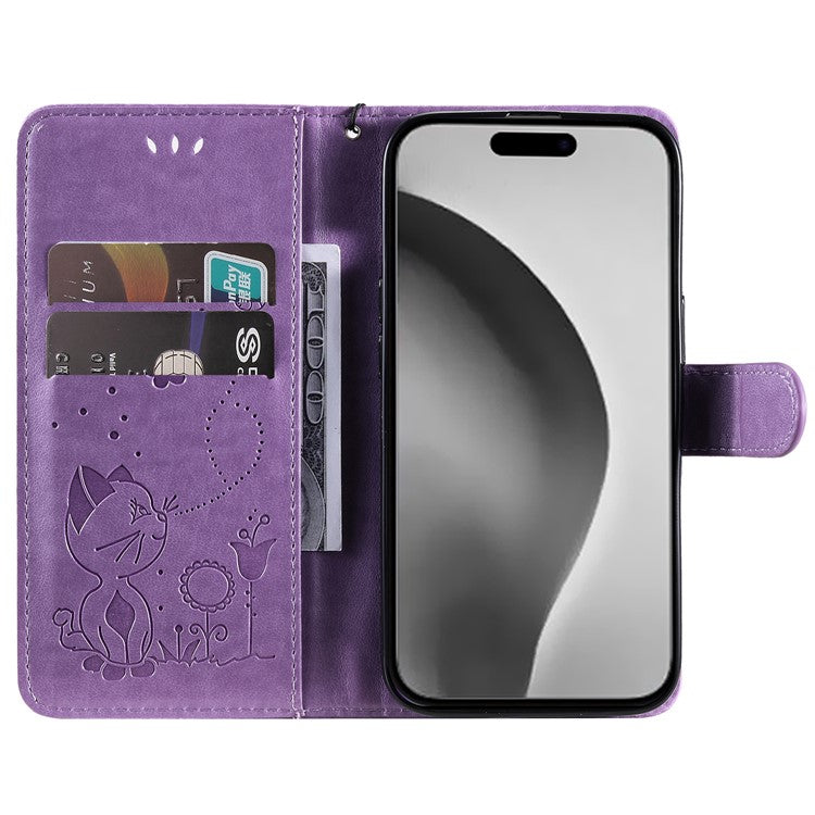 KT Imprinting Flower Series-4 For iPhone 16 Plus Case with Strap Cat Bee Pattern Leather Cover - Purple