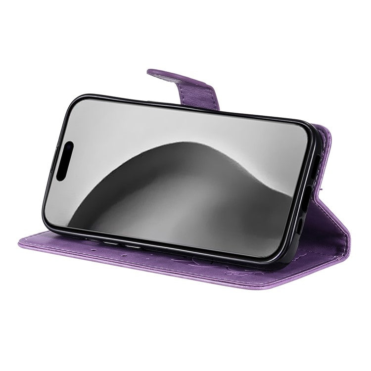 KT Imprinting Flower Series-4 For iPhone 16 Plus Case with Strap Cat Bee Pattern Leather Cover - Purple