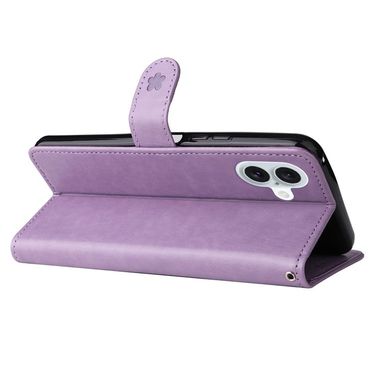 KT Imprinting Flower Series-4 For iPhone 16 Plus Case with Strap Cat Bee Pattern Leather Cover - Purple