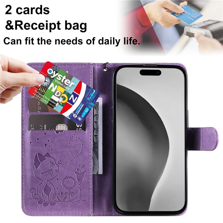 KT Imprinting Flower Series-4 For iPhone 16 Plus Case with Strap Cat Bee Pattern Leather Cover - Purple