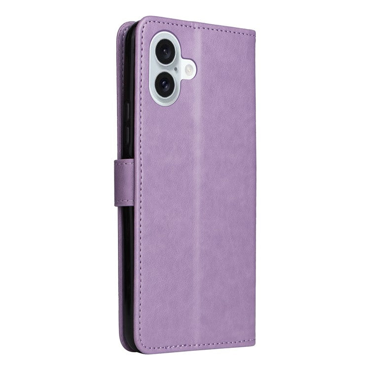 KT Imprinting Flower Series-4 For iPhone 16 Plus Case with Strap Cat Bee Pattern Leather Cover - Purple
