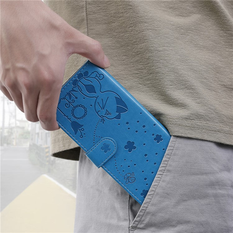 KT Imprinting Flower Series-4 For iPhone 16 Case Cat Bee Pattern Leather Cover with Strap - Blue