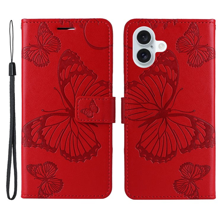 KT Imprinting Flower Series-2 For iPhone 16 Plus Case Leather Wallet Protective Cover - Red
