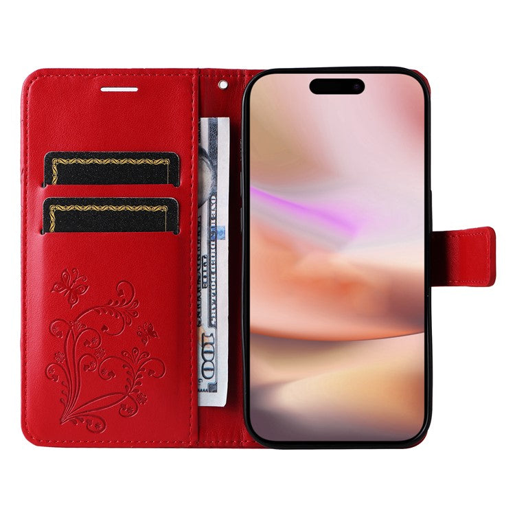 KT Imprinting Flower Series-2 For iPhone 16 Plus Case Leather Wallet Protective Cover - Red