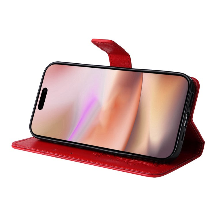 KT Imprinting Flower Series-2 For iPhone 16 Plus Case Leather Wallet Protective Cover - Red