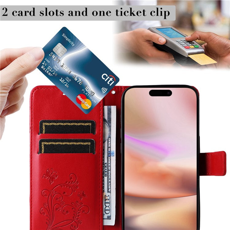 KT Imprinting Flower Series-2 For iPhone 16 Plus Case Leather Wallet Protective Cover - Red