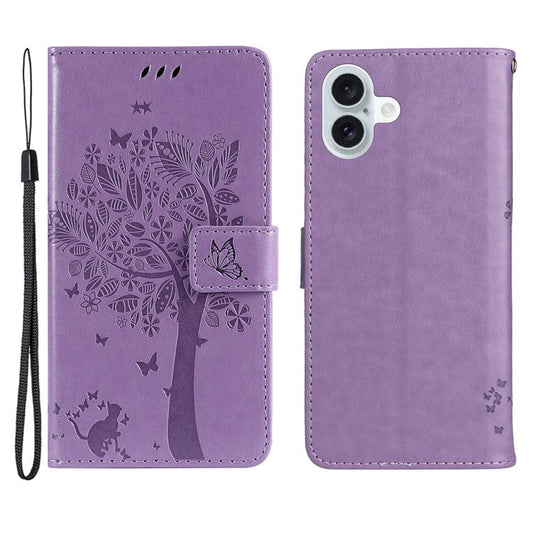 KT Imprinting Flower Series-3 For iPhone 16 Plus Case Cat Tree Flip Wallet Leather Phone Cover - Light Purple