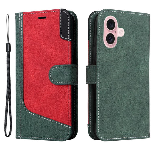 For iPhone 16 Case with Hand Strap Leather Wallet Phone Cover 3-color Splicing - Green