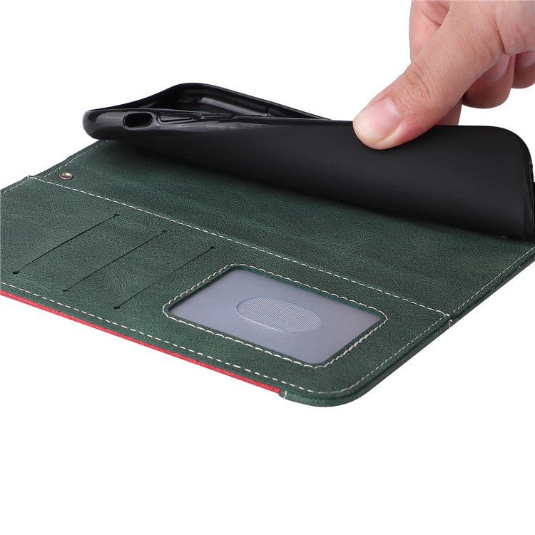 For iPhone 16 Case with Hand Strap Leather Wallet Phone Cover 3-color Splicing - Green