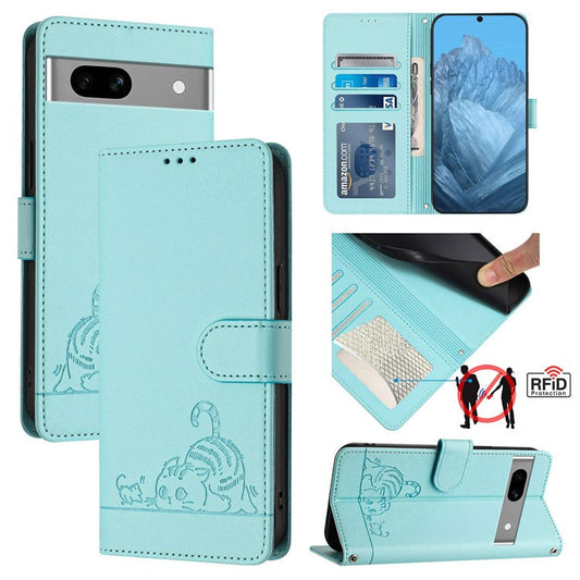 YB Imprinting Series-9 for Google Pixel 7a Case RFID Blocking Leather Phone Cover with Wallet - Mint Green