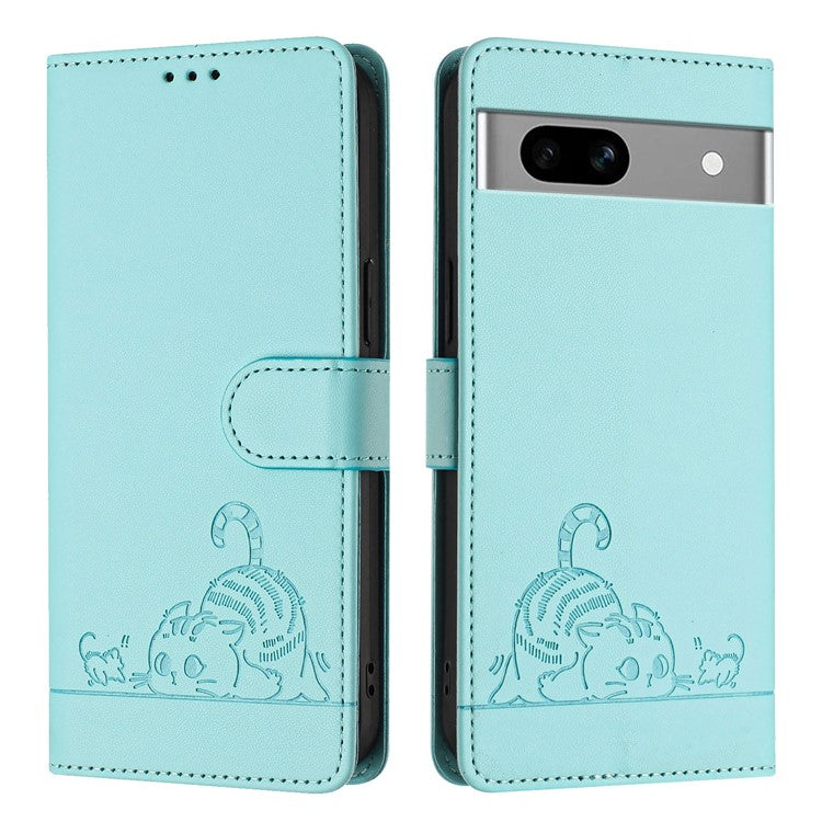 YB Imprinting Series-9 for Google Pixel 7a Case RFID Blocking Leather Phone Cover with Wallet - Mint Green