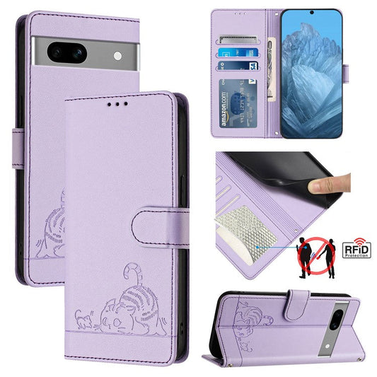 YB Imprinting Series-9 for Google Pixel 7a Case RFID Blocking Leather Phone Cover with Wallet - Purple
