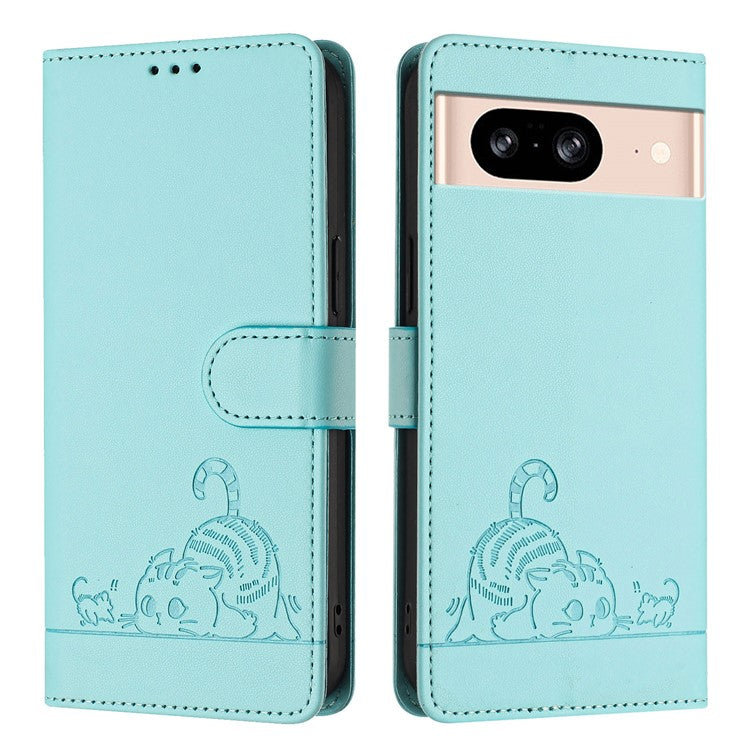 YB Imprinting Series-9 for Google Pixel 8 Case Cat Mouse Pattern Leather Wallet Stand Phone Cover - Mint Green