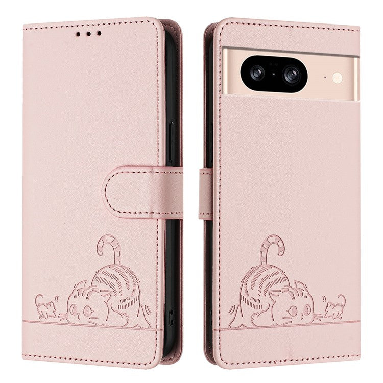 YB Imprinting Series-9 for Google Pixel 8 Case Cat Mouse Pattern Leather Wallet Stand Phone Cover - Pink