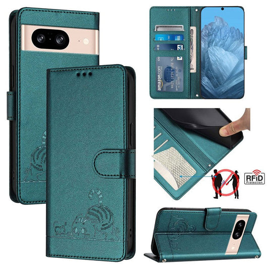 YB Imprinting Series-9 for Google Pixel 8 Case Cat Mouse Pattern Leather Wallet Stand Phone Cover - Dark Green