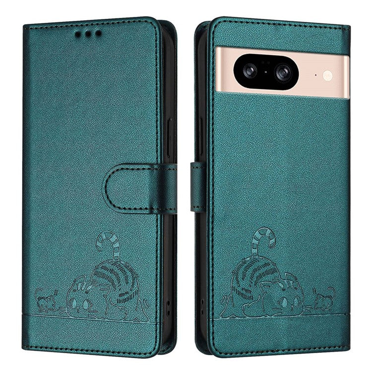 YB Imprinting Series-9 for Google Pixel 8 Case Cat Mouse Pattern Leather Wallet Stand Phone Cover - Dark Green