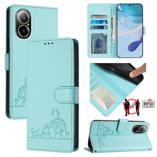 YB Imprinting Series-9 for Realme C67 4G Case PU Leather RFID Blocking Phone Cover Cat Mouse Pattern -  Mint Green