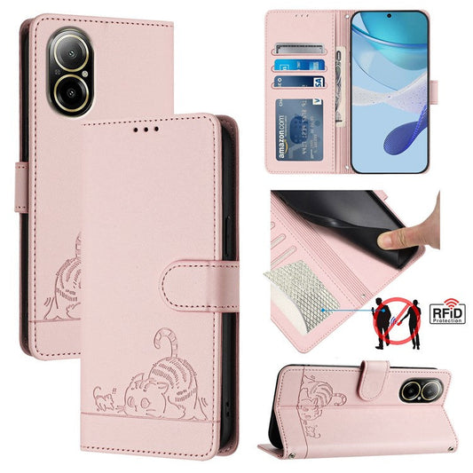 YB Imprinting Series-9 for Realme C67 4G Case PU Leather RFID Blocking Phone Cover Cat Mouse Pattern -  Pink