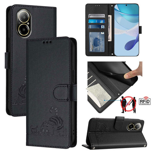 YB Imprinting Series-9 for Realme C67 4G Case PU Leather RFID Blocking Phone Cover Cat Mouse Pattern -  Black