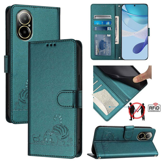 YB Imprinting Series-9 for Realme C67 4G Case PU Leather RFID Blocking Phone Cover Cat Mouse Pattern -  Dark Green