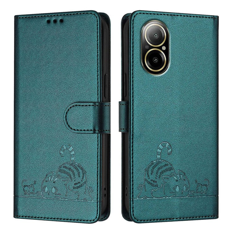 YB Imprinting Series-9 for Realme C67 4G Case PU Leather RFID Blocking Phone Cover Cat Mouse Pattern -  Dark Green