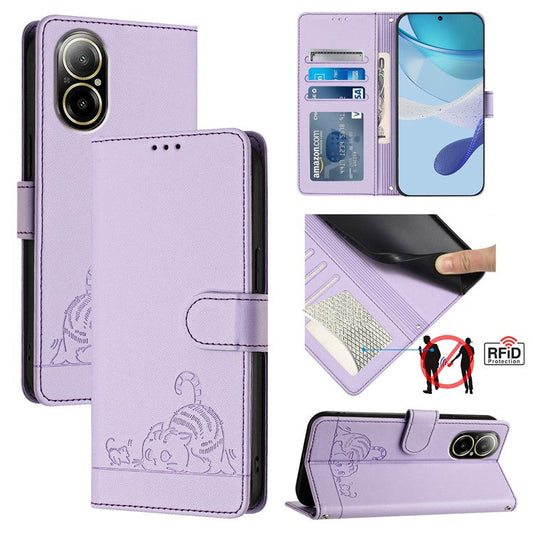 YB Imprinting Series-9 for Realme C67 4G Case PU Leather RFID Blocking Phone Cover Cat Mouse Pattern -  Purple