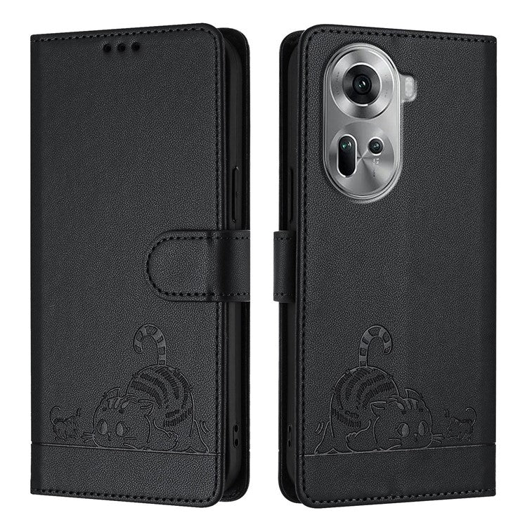 YB Imprinting Series-9 for Oppo Reno11 5G (Global) Case Leather Phone Cover Magnetic Clasp Protect - Black