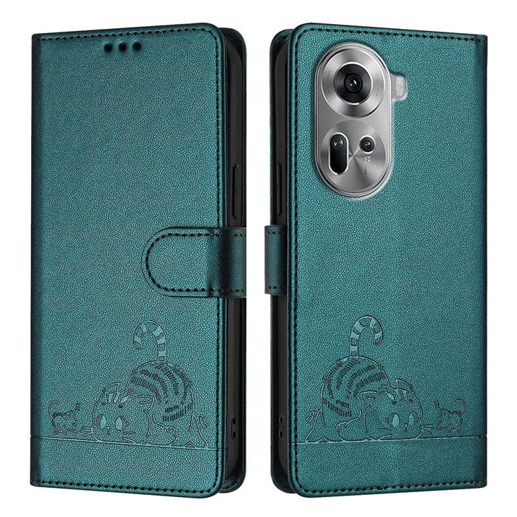 YB Imprinting Series-9 for Oppo Reno11 5G (Global) Case Leather Phone Cover Magnetic Clasp Protect - Dark Green