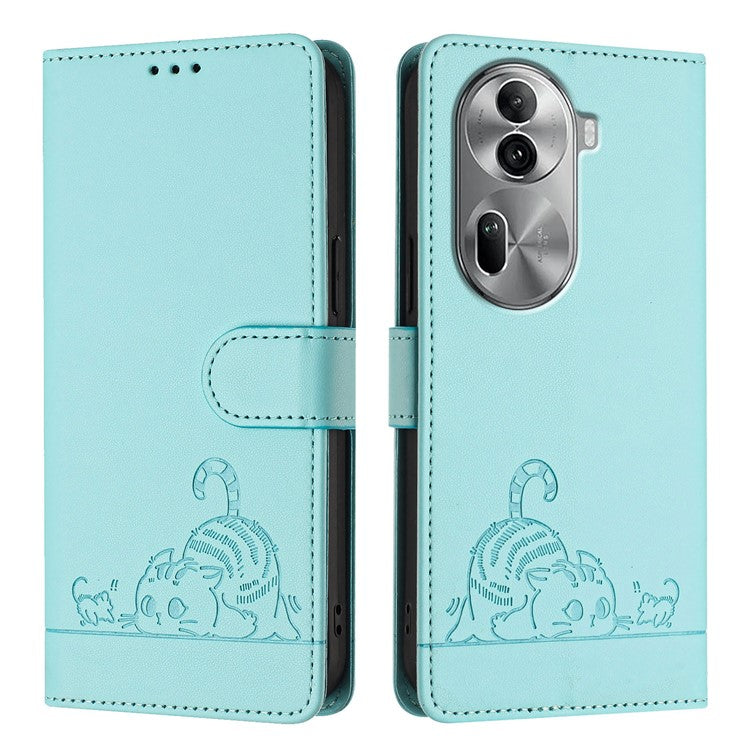 YB Imprinting Series-9 for Oppo Reno11 Pro 5G (Global) Case Leather Phone Cover Cat Mouse Pattern - Mint Green