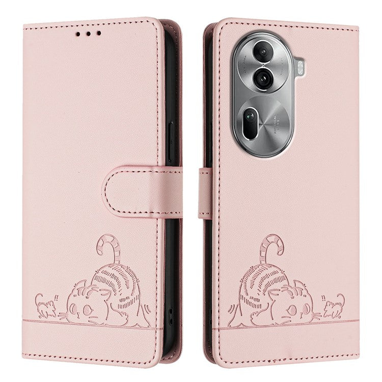 YB Imprinting Series-9 for Oppo Reno11 Pro 5G (Global) Case Leather Phone Cover Cat Mouse Pattern - Pink