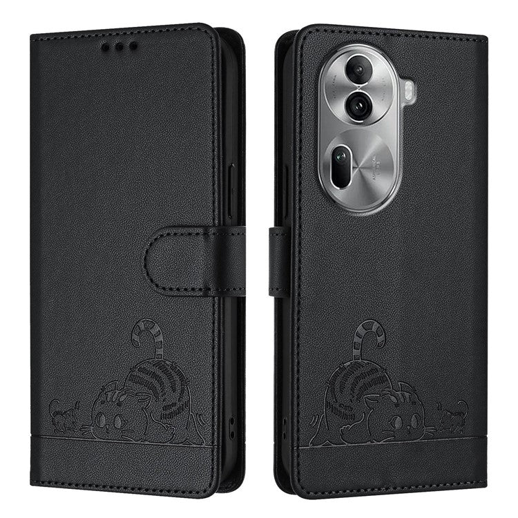 YB Imprinting Series-9 for Oppo Reno11 Pro 5G (Global) Case Leather Phone Cover Cat Mouse Pattern - Black