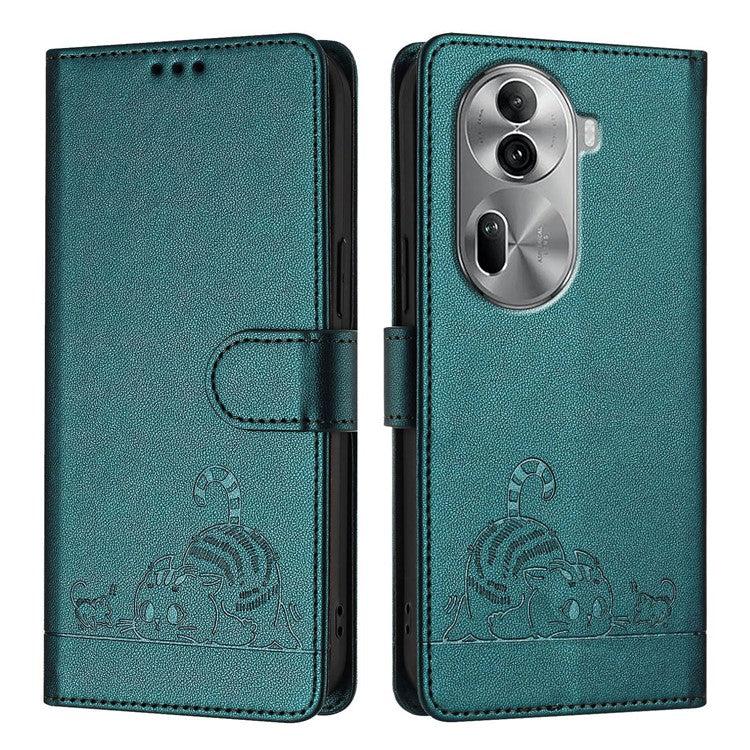 YB Imprinting Series-9 for Oppo Reno11 Pro 5G (Global) Case Leather Phone Cover Cat Mouse Pattern - Dark Green