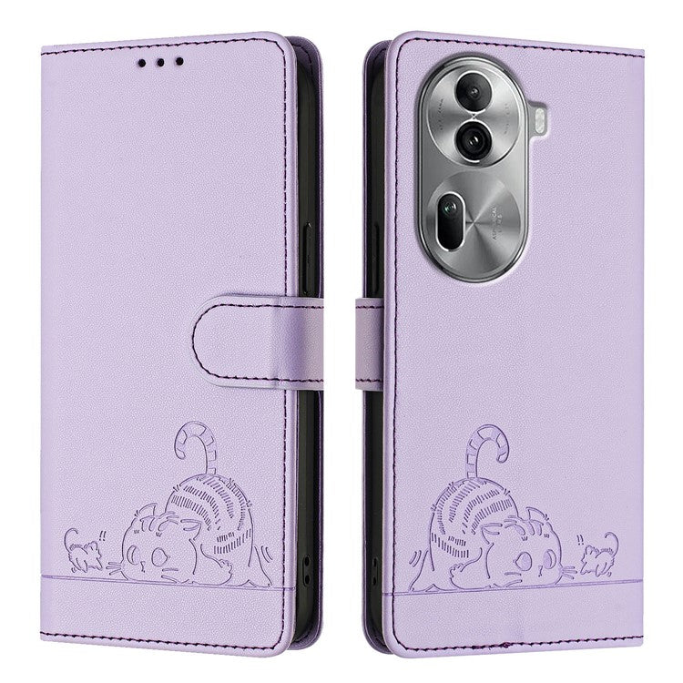 YB Imprinting Series-9 for Oppo Reno11 Pro 5G (Global) Case Leather Phone Cover Cat Mouse Pattern - Purple