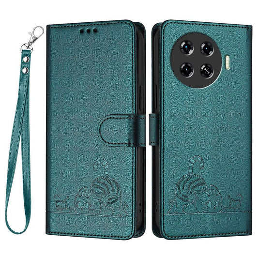 YB Imprinting Series-9 for TECNO Spark 20 Pro+ Case RFID Blocking Leather Wallet Phone Cover - Dark Green